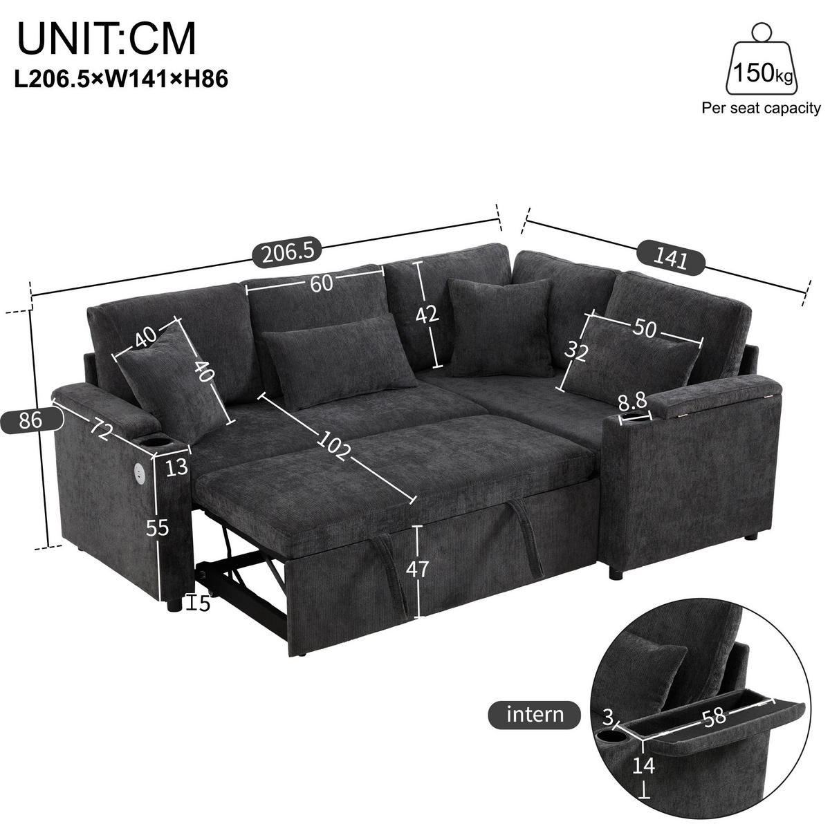 ECKSOFA 206,5/141/86 cm dunkelgrau aus Chenille mit Schlaffunktion - Dunkelgrau, Textil (141/206.5cm) - OKWISH