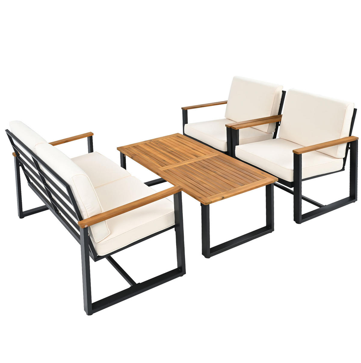 GARTENSET aus Akazie und verzinktem Stahl Beige mit 3-Sitzer, 2-Sitzer, 2 Sesseln, Couchtisch und Hocker - Beige, Metall - Modfu