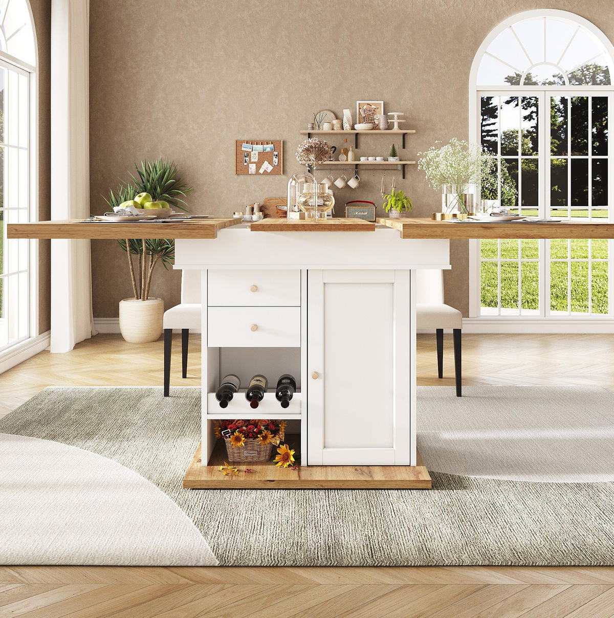 AUSZIEHBARER Esstisch MDF mit Stauraum & Weinregal, 110-140/80/75 cm, Natur/Weiß - Weiß, Holzwerkstoff (110/80/75cm) - Redom