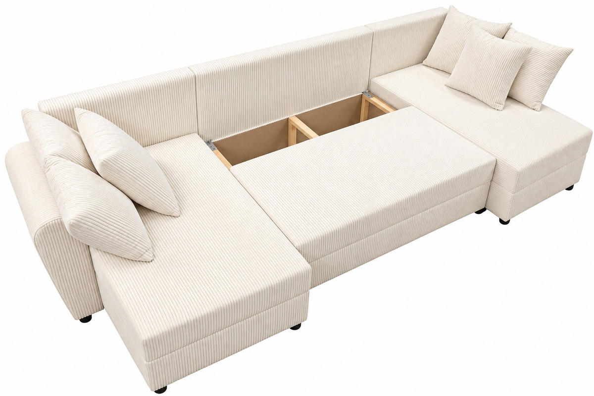 WOHNLANDSCHAFT PUMA U 308 cm – Cord Sofa in U-Form mit Schlaffunktion, Bettkasten und weichem Cordbezug - Schwarz/Rosa, Kunststoff (308/85/140cm)