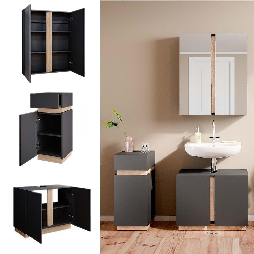 BADMÖBEL-SET Gloria Anthrazit 3 Teile, mit Midischrank - Anthrazit/Sonoma Eiche, Holzwerkstoff (70/55/34cm) - Vicco