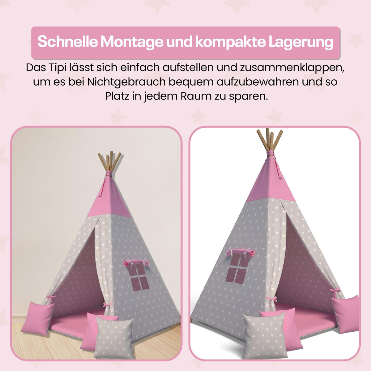 TIPI-ZELT 105 x 105 x 140 cm Sterne rosa mit weichen Kissen | Spielzelt für Kinderzimmer Indoor - Magenta, Textil (105/105cm) - Best for Kids