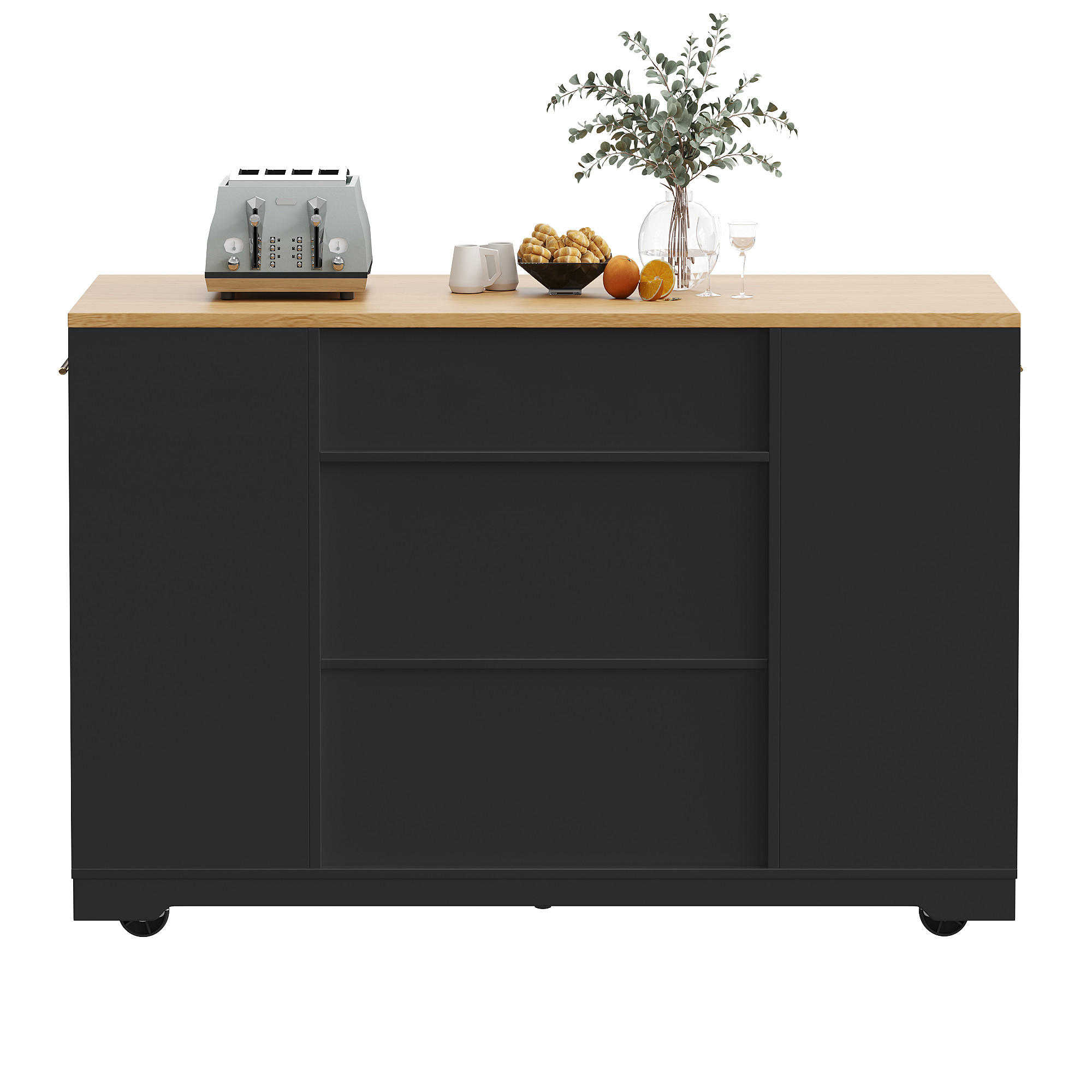 KÜCHENINSEL 120x50x92cm Rollen 2 Türen 3 Schubladen - Schwarz, Metall (120/92/50cm) - FLIEKS