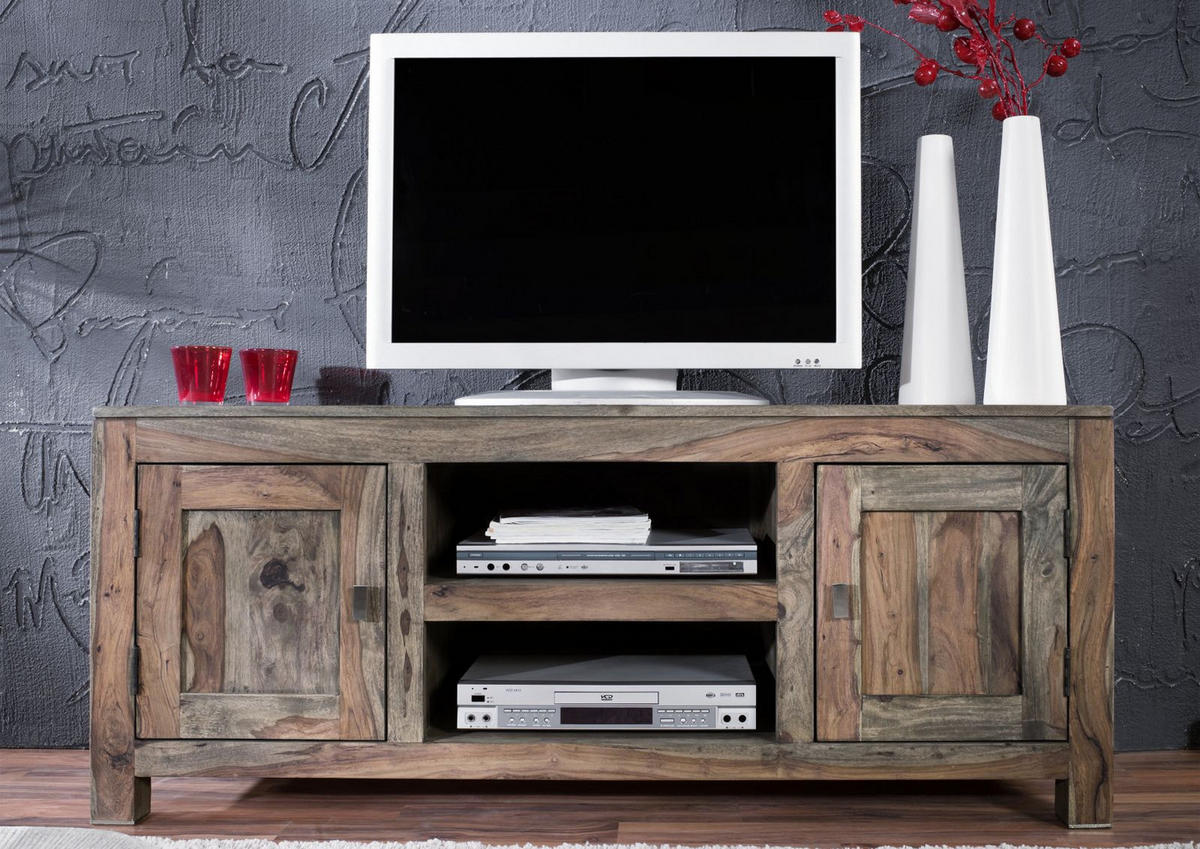 TV-BOARD Sheesham 145x45x60 grau geölt NATURE GREY #41 - Grau, Holz (145/60/45cm) - Massivmoebel24