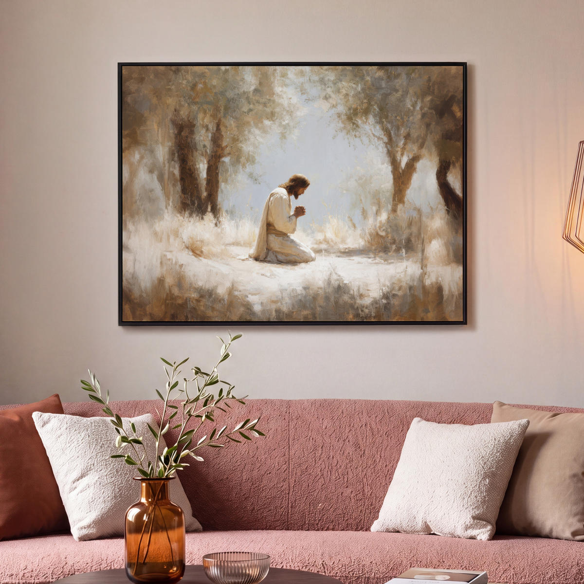 LEINWAND Bilder mit Rahmen - Jesus - Kniend - Waldlandschaft - Betend - 100x70 - Beige, Textil (100/70cm) - MuchoWow