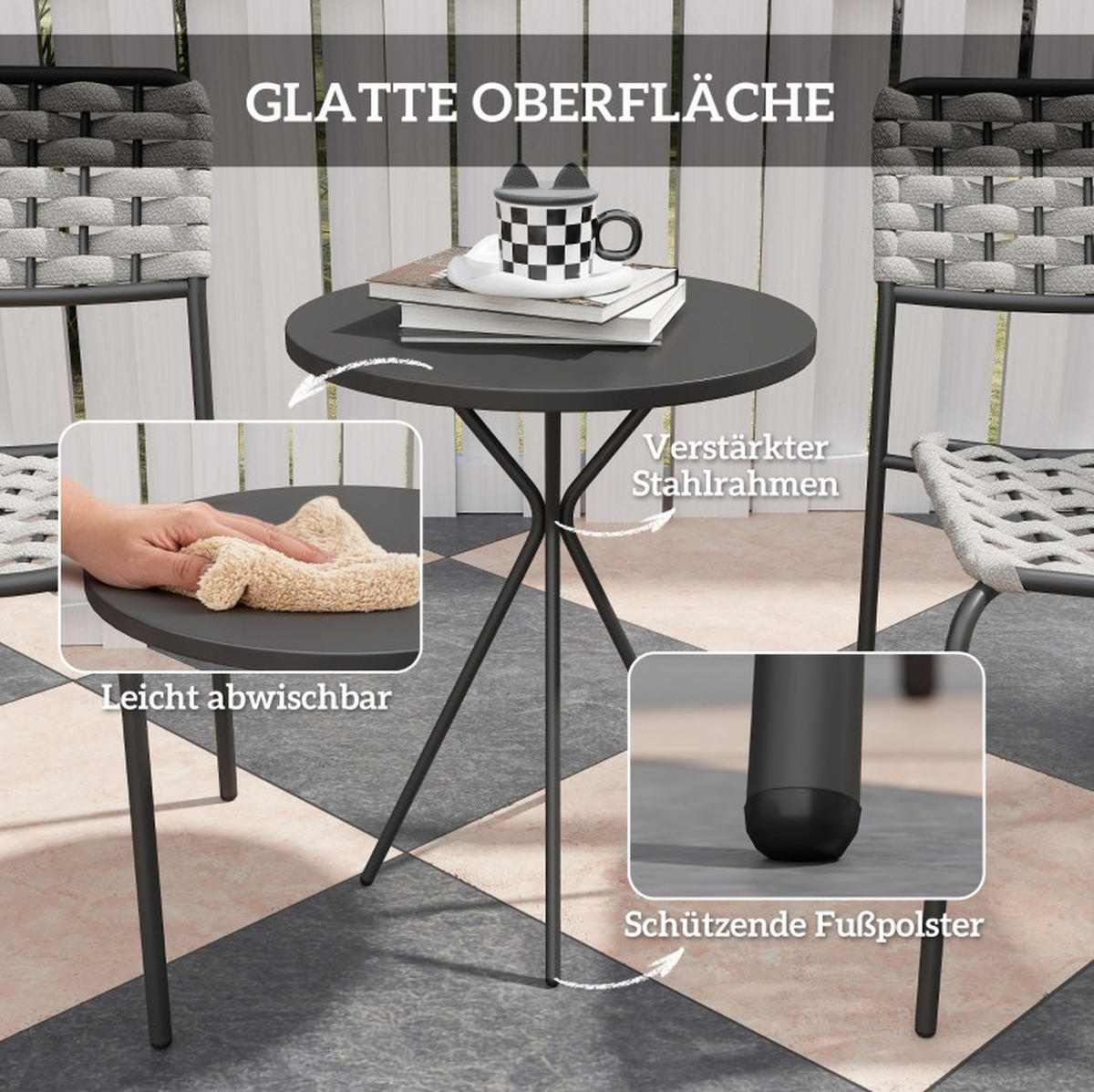 BALKONSET Gartenmöbel-Set 46/60/80 cm aus Stahl mit 2 stapelbaren Stühlen und Rundtisch Grau - Grau, Metall
