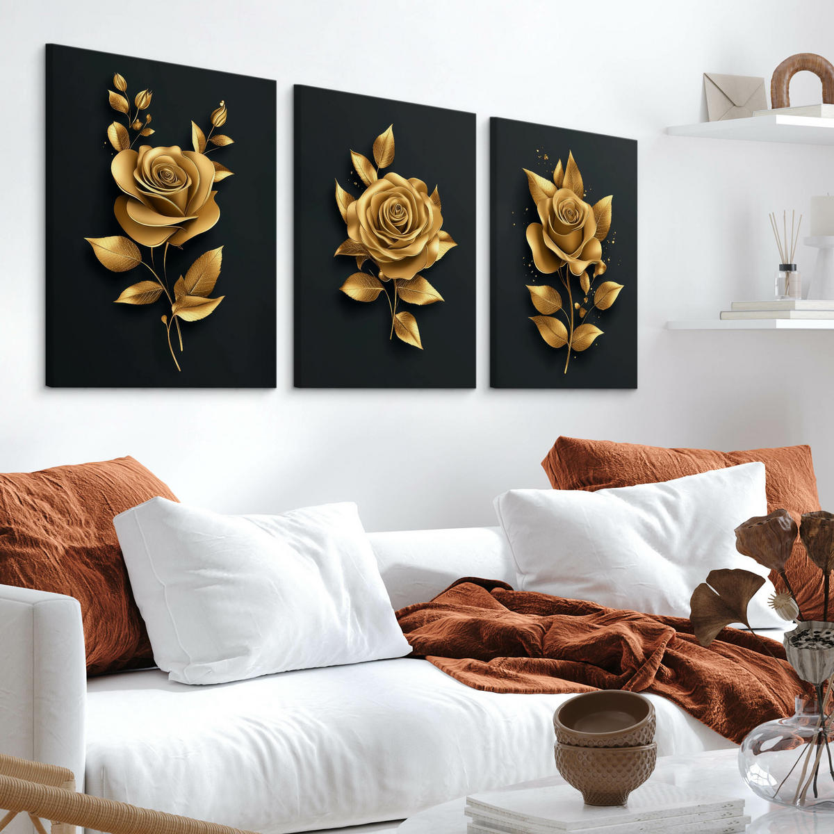 LEINWANDBILDER 3-es Set Rosen Blumen 3D - Beige/Schwarz, Textil (90/40cm) - Muralo