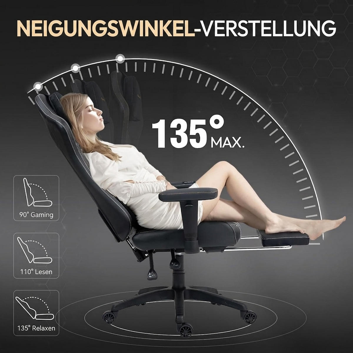 GAMING Stuhl &Massage-Wärmefunktion, atmungsaktivem Taschenfederkissen - Schwarz, Leder (60/127/60cm)