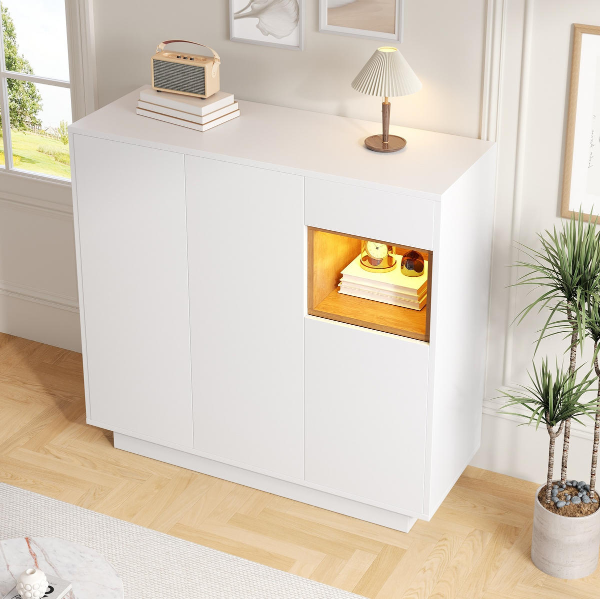 SCHUHSCHRANK 105/39,5/100,5 cm mit Schublade, LED-Beleuchtung und Holzfächern - Naturfarben, Holzwerkstoff (105/100/39cm) - BEAOK