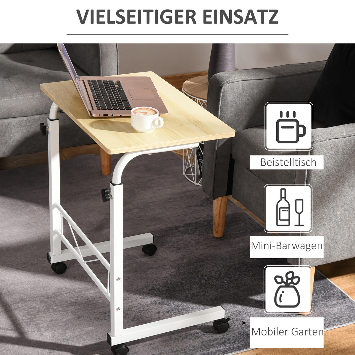 BEISTELLTISCH mit Rollen Ahorn - Ahornfarben, Kunststoff (60/40/78cm) - HOMCOM