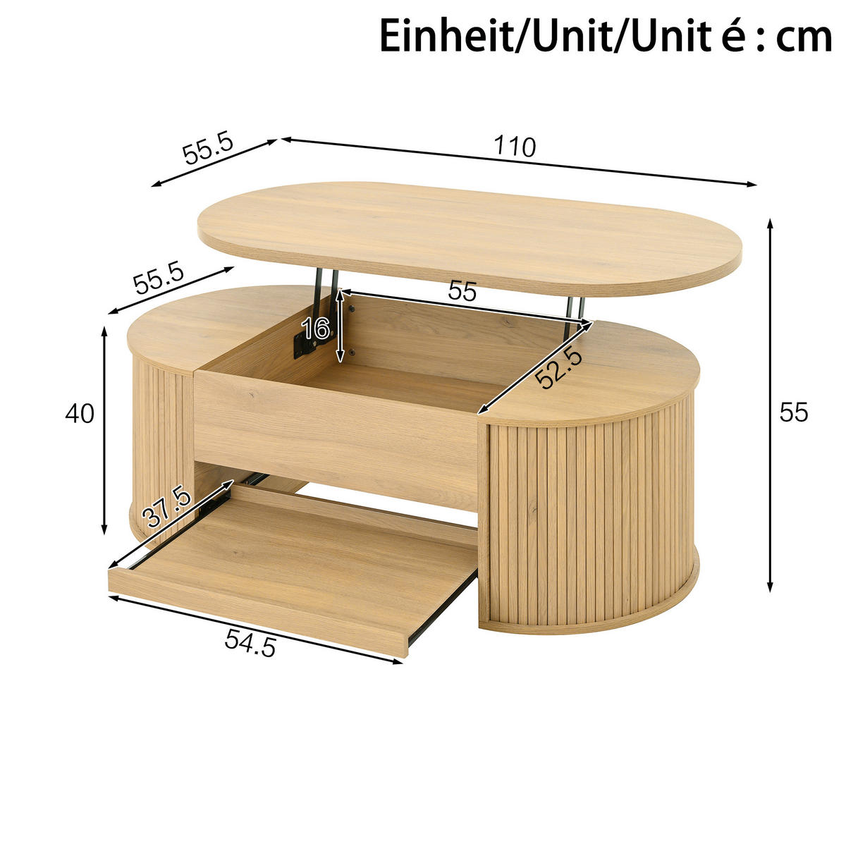 COUCHTISCH 110/55,5/40 cm natur aus MDF mit höhenverstellbarer Tischplatte - Naturfarben, Holzwerkstoff (110/55.5/40cm) - OKWISH