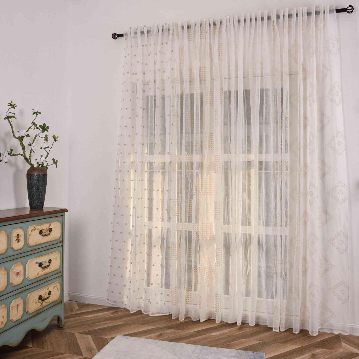 GARDINE VALENCIA HxB 245x145 cm Natur Taupe Pompom - Weiß, Textil (145/245cm)