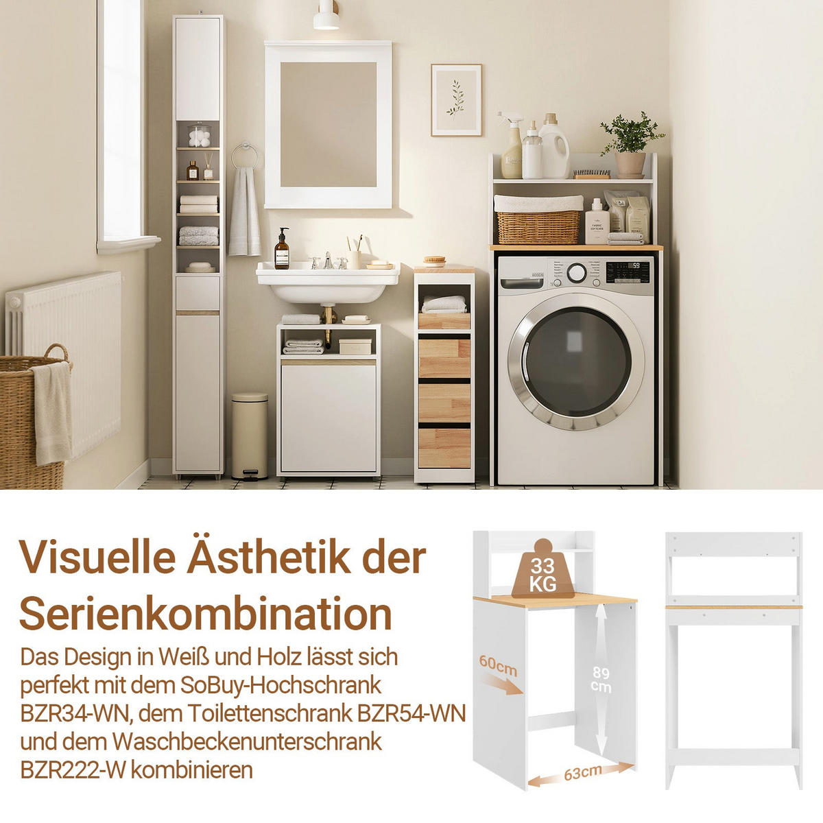 WASCHMASCHINENSCHRANK mit Regal Weiß Natur 66x60x127cm - Weiß, Holzwerkstoff (65/126/60cm) - SoBuy