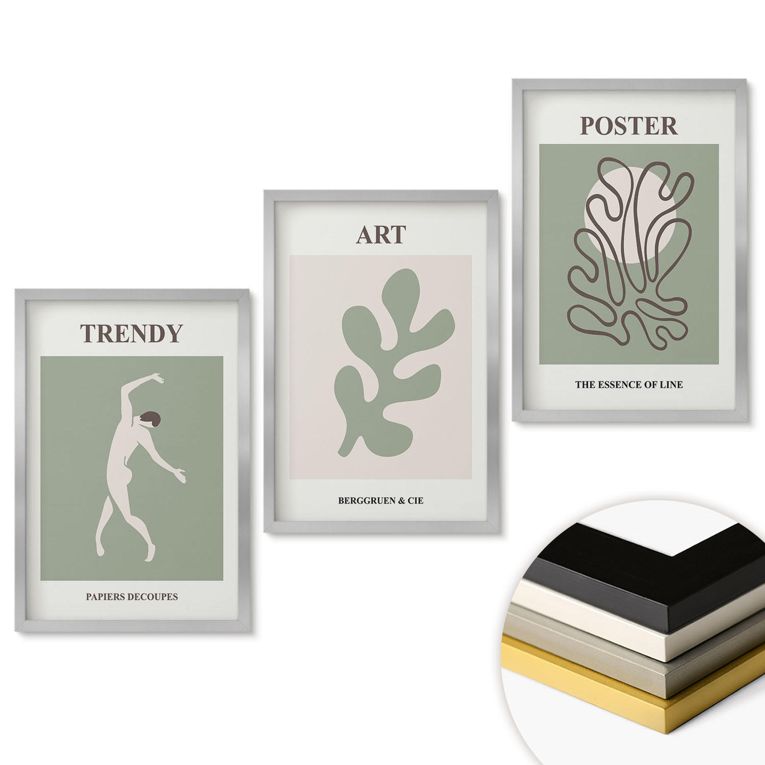 WANDBILDER 3er Set - 40x60 cm Silberner Rahmen - Abstrakte Pflanzenfiguren - Silberfarben, Kunststoff (40/60cm) - ArtPrintCave