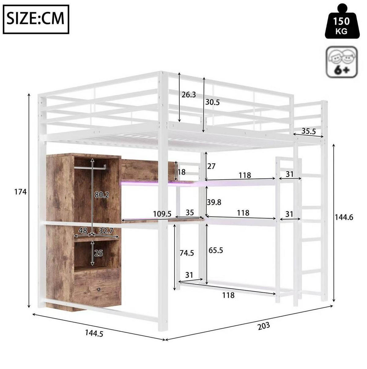 HOCHBETT mit Schreibtisch 140/200 cm in Weiß – mit Stauraum und LED - Weiß, Holzwerkstoff (140/200cm) - BEAOK