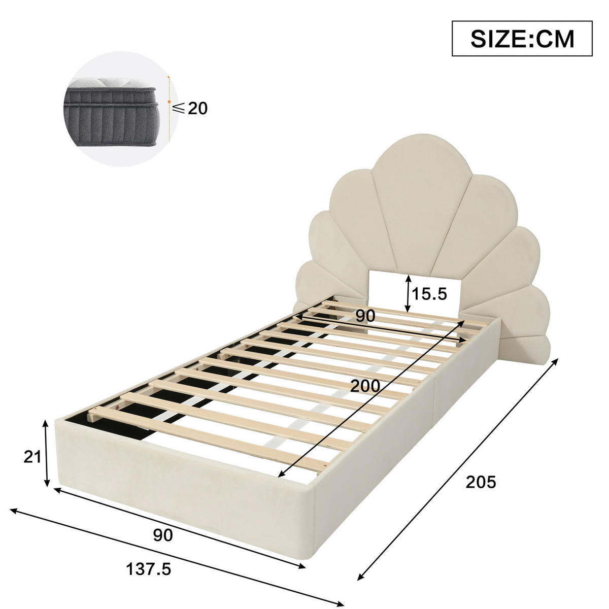 ČALÚNENÁ posteľ zo zamatu 90x200 cm béžová s kvetinovým čelom, protišmykovou spodnou úpravou a stabilnou konštrukciou - béžová, textil (90/200cm) - Modfu