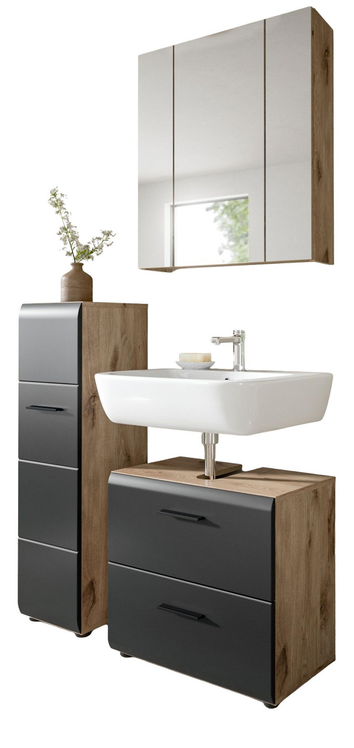 BADMÖBEL-SET 3-teilig Schwarz matt, Eiche Nox, Badezimmer mit viel Stauraum und Vollauszug Schubkästen 105 x 185 cm - Eichefarben/Schwarz, Glas/Holzwerkstoff (105/185/30cm) - Inn.Furn