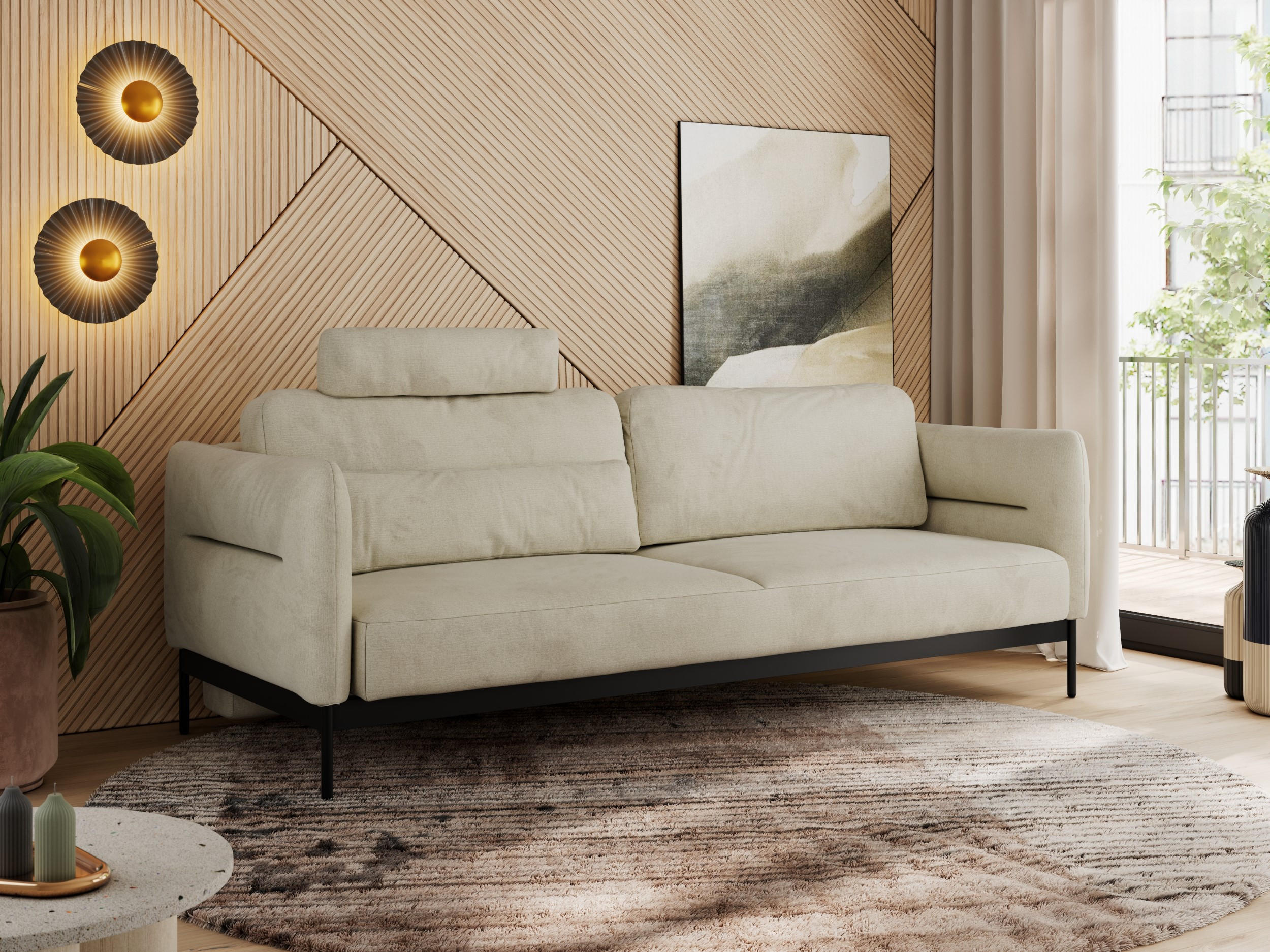 SOFA SALENTO Beige Velvet - Beige/Schwarz, Textil/Metall (221/82/101cm) - MKS