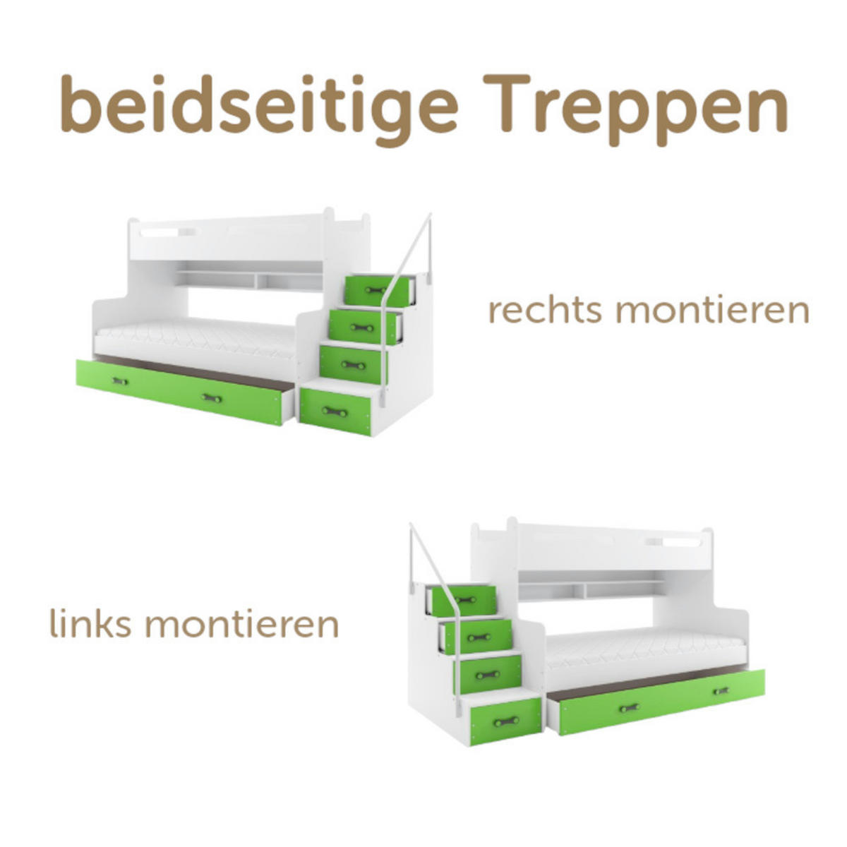ETAGENBETT Max 3 200x80cm / 200x120cm mit Schublade und Lattenrost - Weiß/Grün, Holzwerkstoff (120/200cm) - Interbeds