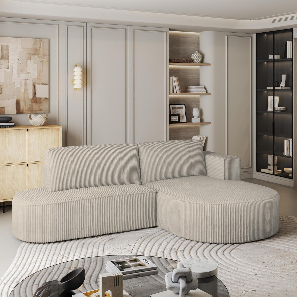 ECKSOFA CORTIO P R-S Creme Kordstoff mit Schlaffunktion - Creme, Holz (265/174cm) - MASSENO