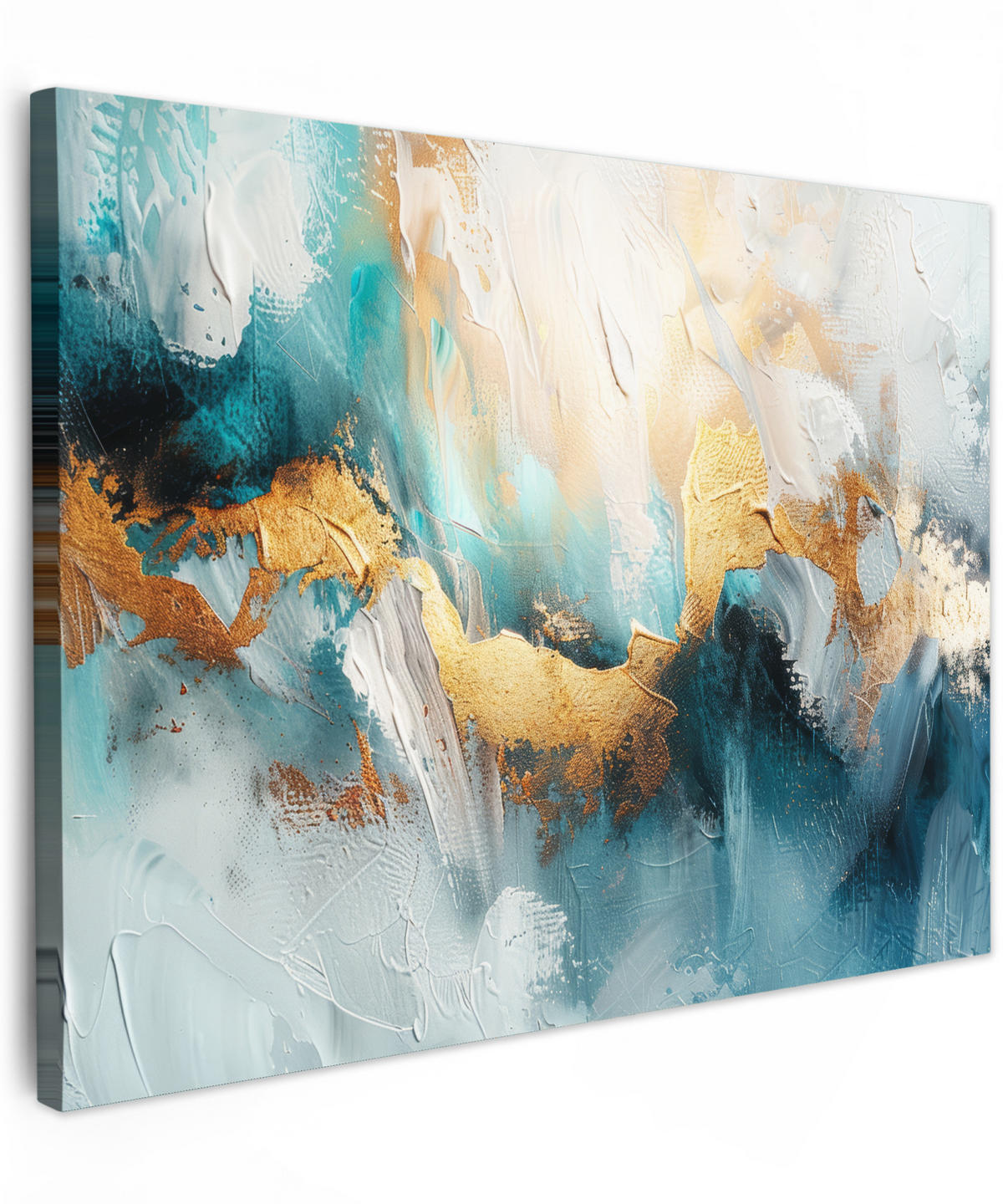 LEINWANDBILD Abstrakt - Kunst - Gold - Blau Wandbilder 80x60 cm - Petrol, Textil (80/60cm) - MuchoWow