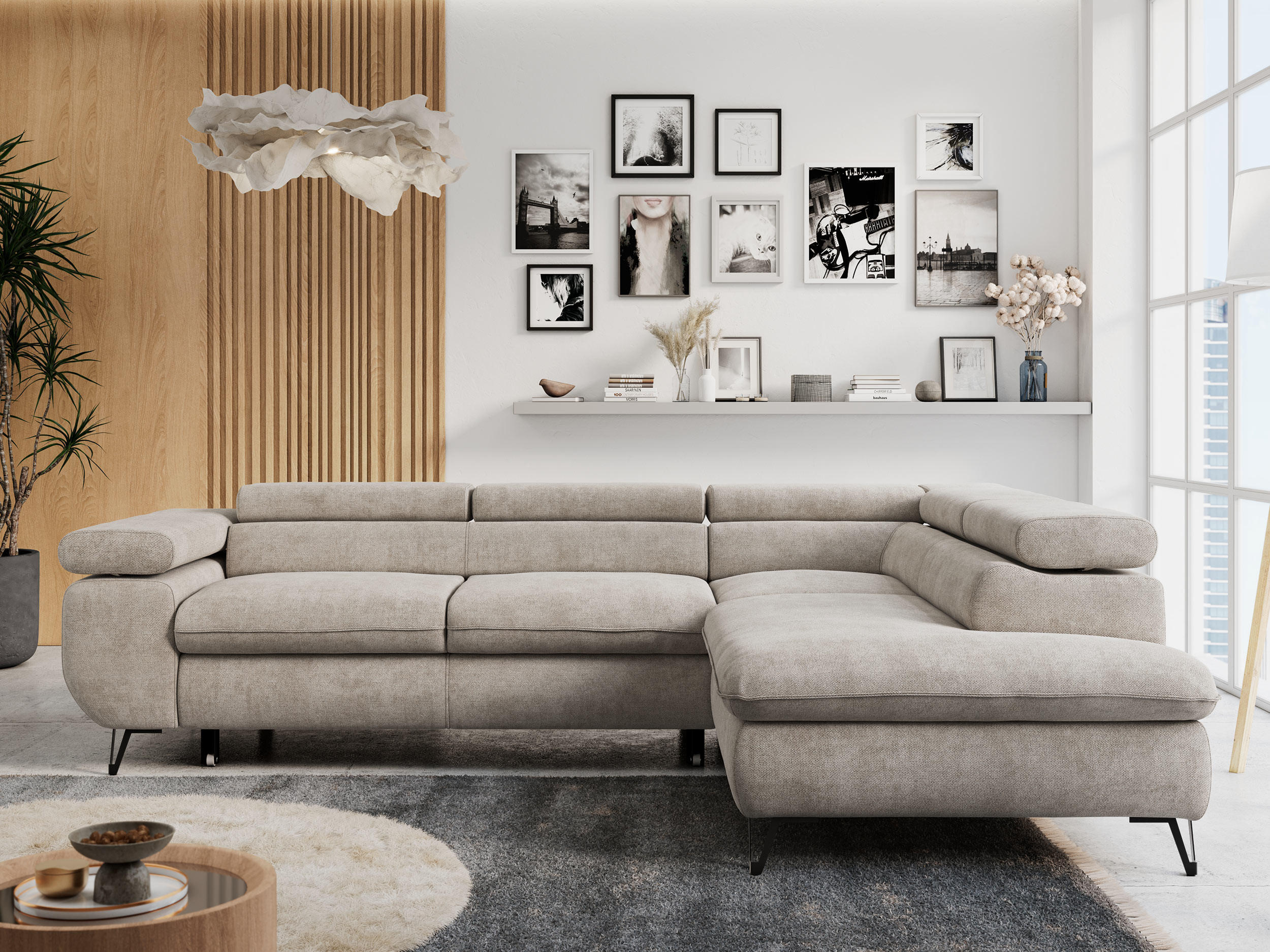 ECKSOFA PETER L Beige Struktur - Rechts Seite - Beige/Schwarz, Textil/Metall (273/208cm) - MKS