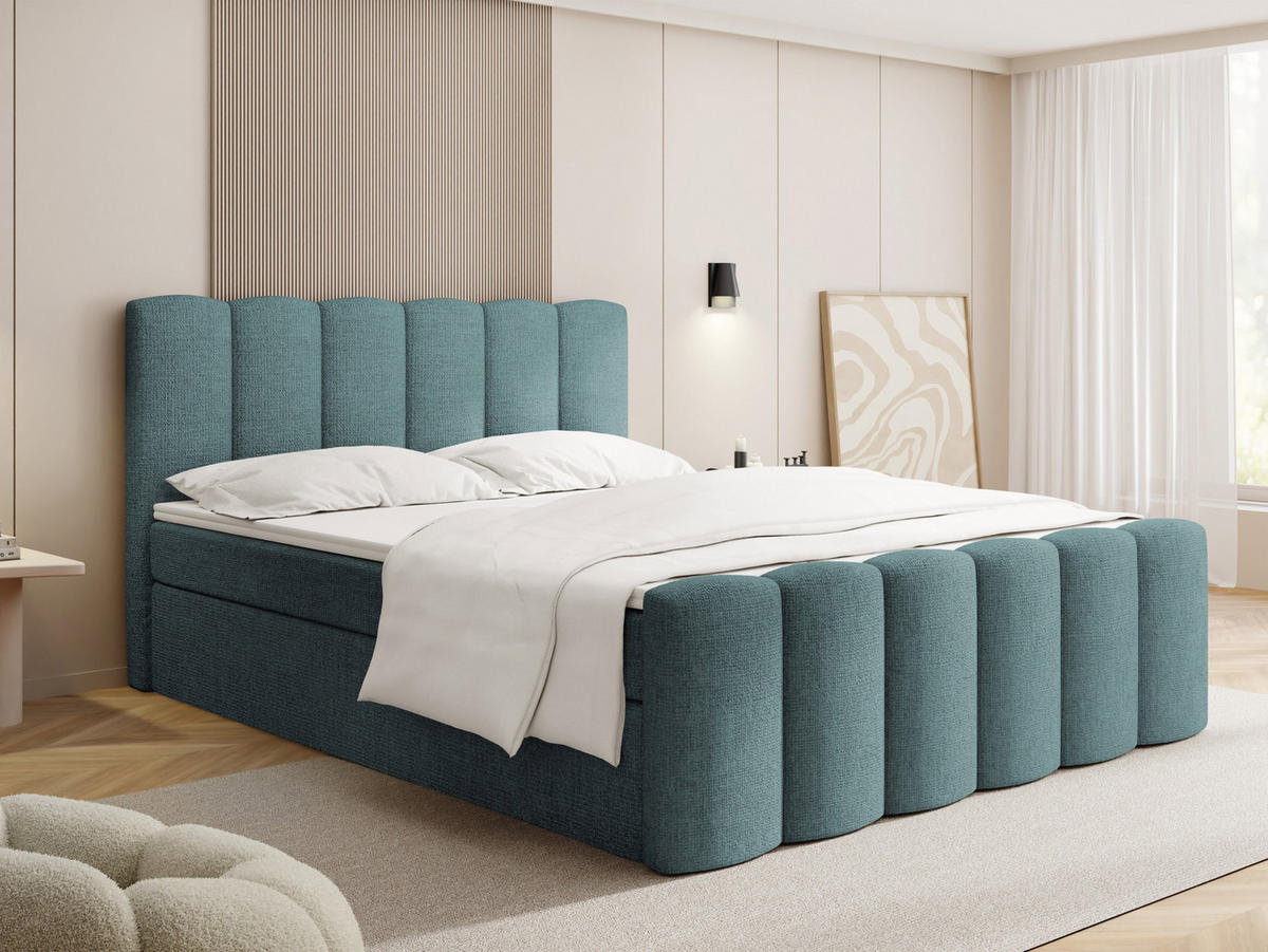 BOXBETT Serenity mit Bettkasten, Türkis Chenille 160x200 cm – inkl. H4 Taschenfederkern Matratze & Foam Topper - Türkis/Schwarz, Holz/Holzwerkstoff (160/200cm) - WFL GROUP