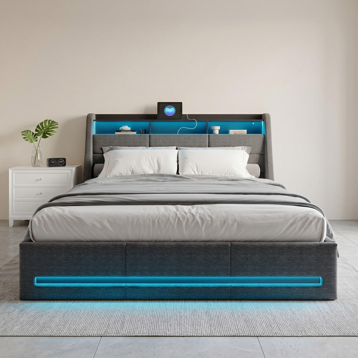 POLSTERBETT 140/200 cm grau mit Stauraum, LED und USB - Grau, Holz