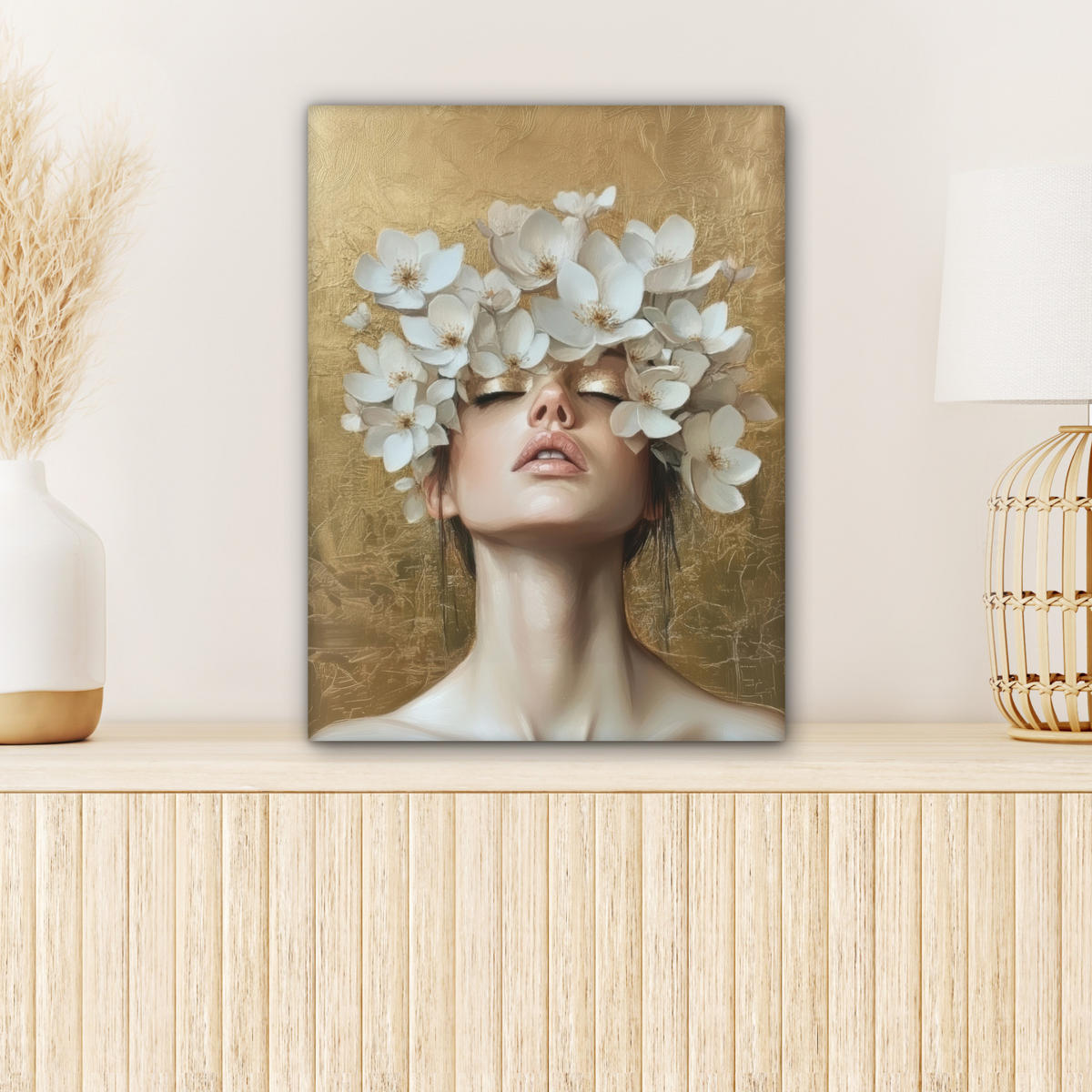 LEINWANDBILD Gesicht - Blumen - Gold - Abstrakt Room Decor 30x40 cm - Goldfarben, Textil (30/40cm) - MuchoWow