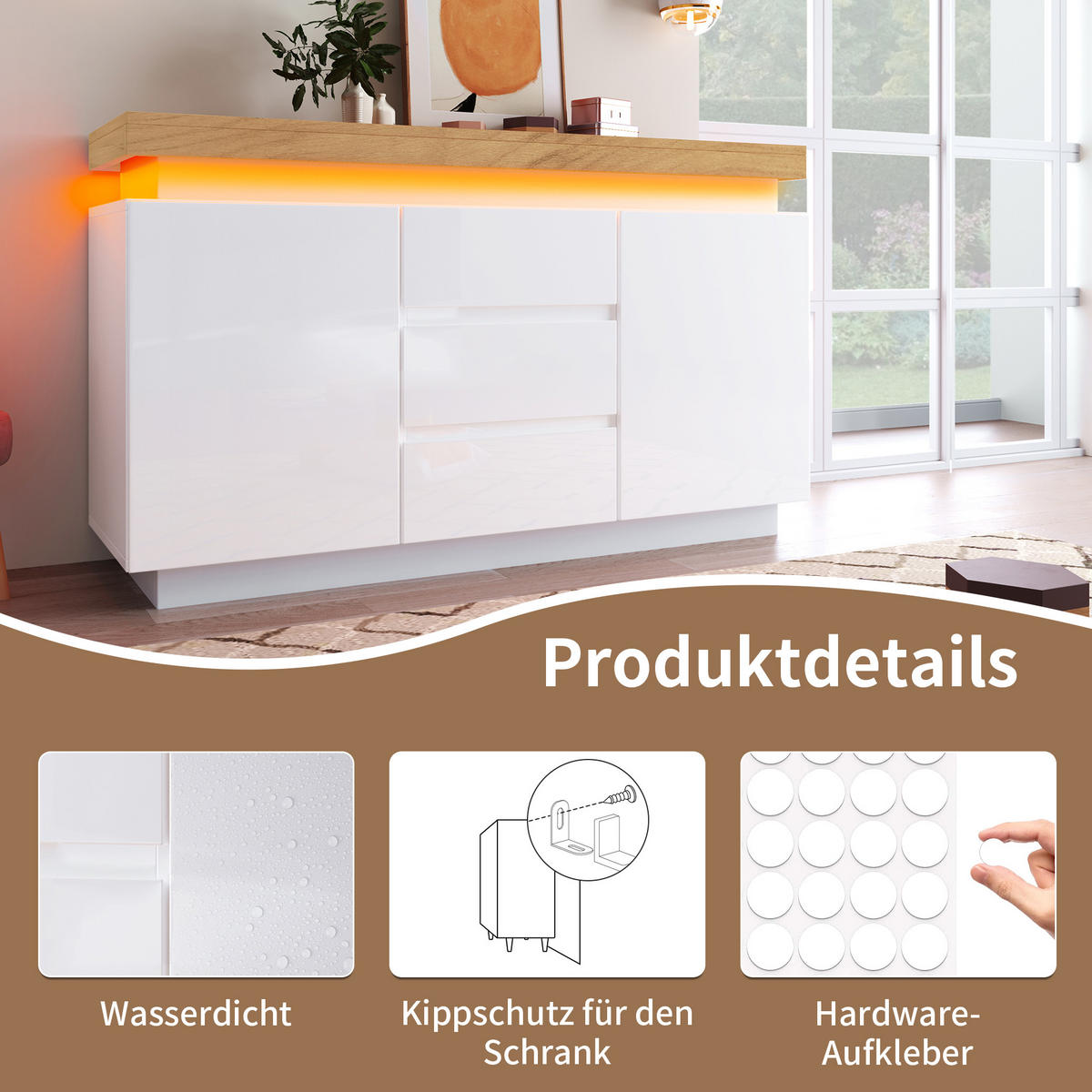 KUCHYŇSKÁ SKŘÍŇ bílá lesklá, zásuvky, LED osvětlení, do obývacího pokoje a ložnice, 140×39×81 cm - bílá, kompozitní dřevo (140/81/39cm) - STILVORA