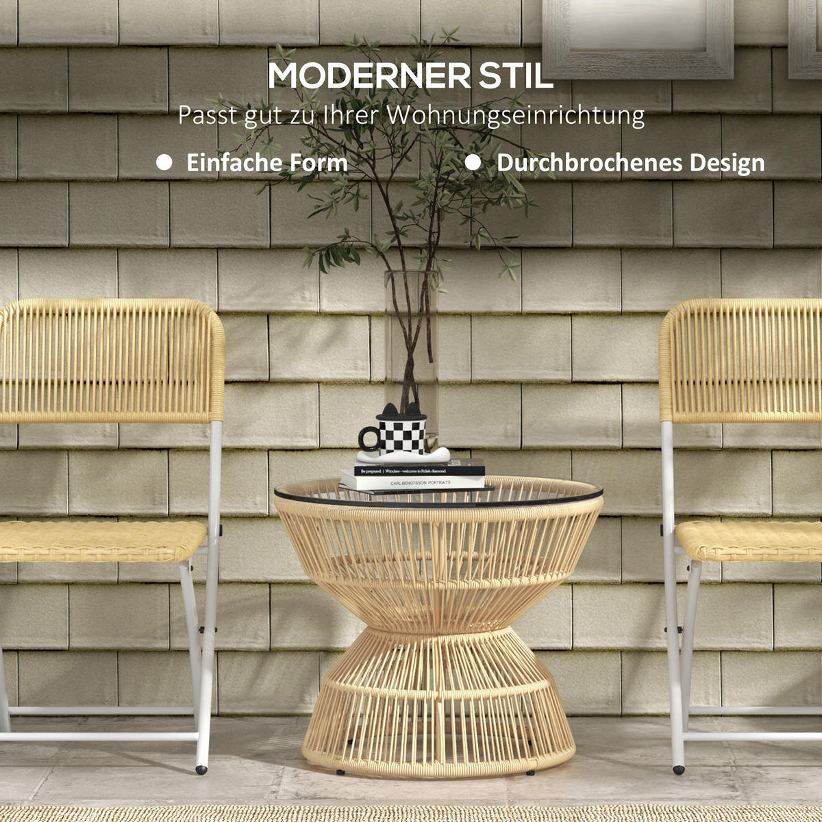 GARTENTISCH, Naturholz, PE Rattan, Hartglas - Braun, Kunststoff (60/60/50cm) - Outsunny