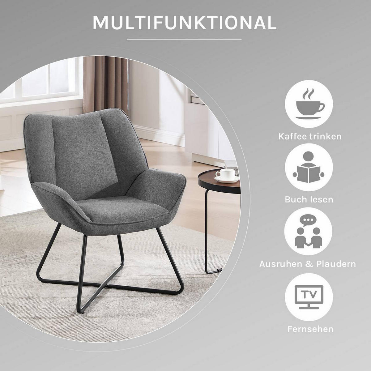 RELAXSESSEL mit Metallrahmen, Leinen, Dunkelgrau - Dunkelgrau/Schwarz, Keramik/Textil (71/85/70cm) - Woltu