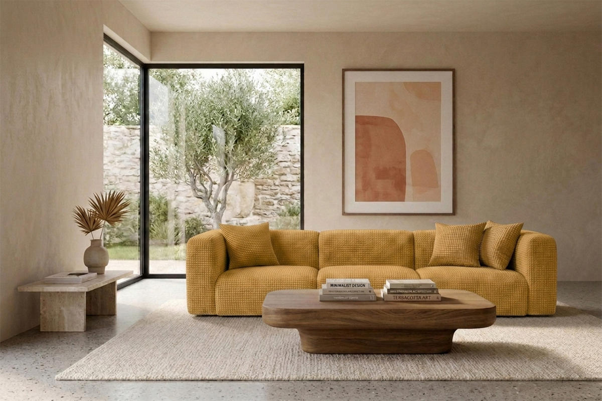SOFA 3-Sitzer, Chenille-Stoff Cremona, Golden, GRETA - Goldfarben, Holz (319/70/89cm) - Kaiser Möbel
