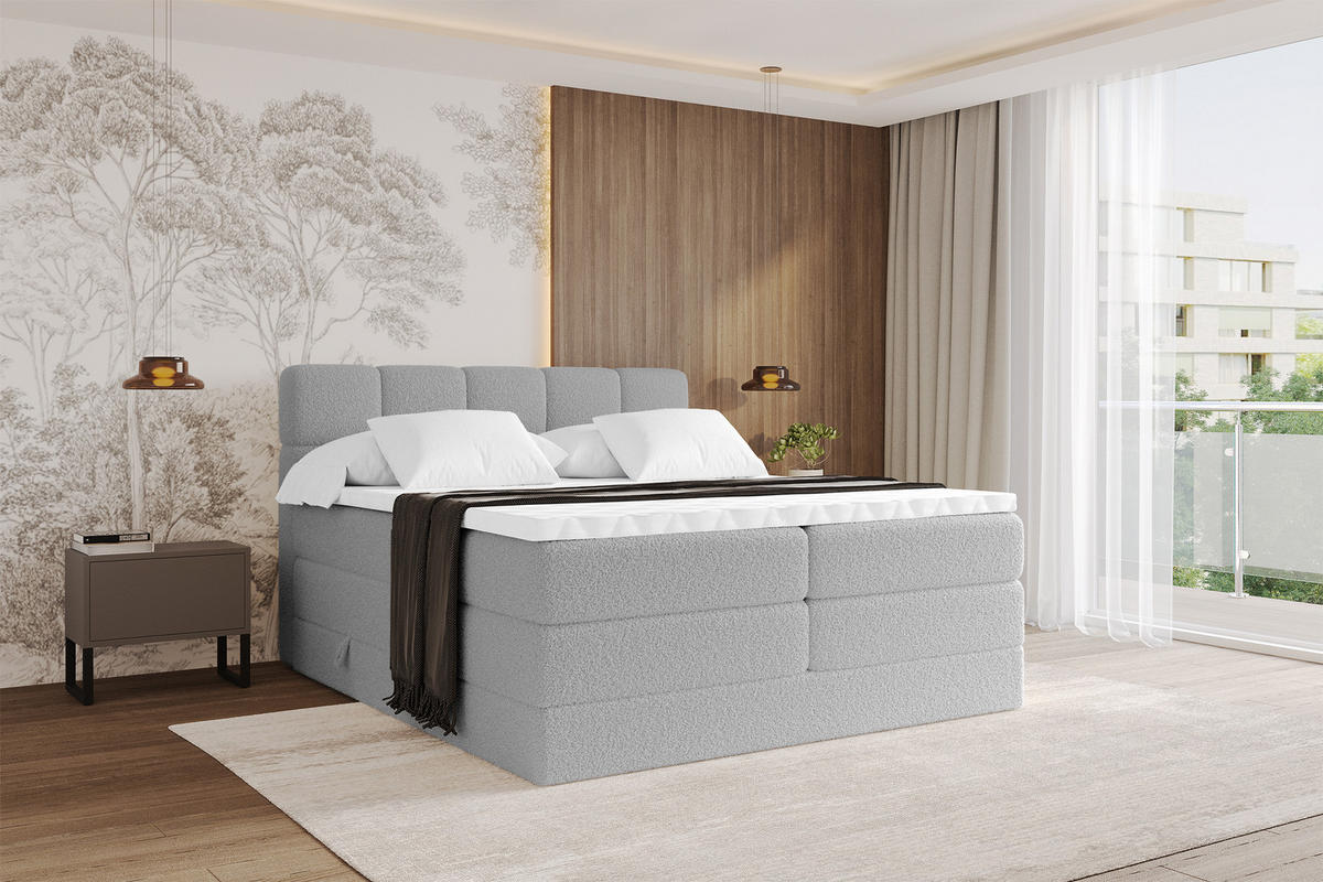 BOXBETT mit Matratze H3/H4 - FAMA KING - 160x200 cm Hellgrau Quelle - Hellgrau, Holzwerkstoff (160/200cm) - ALTDECOR