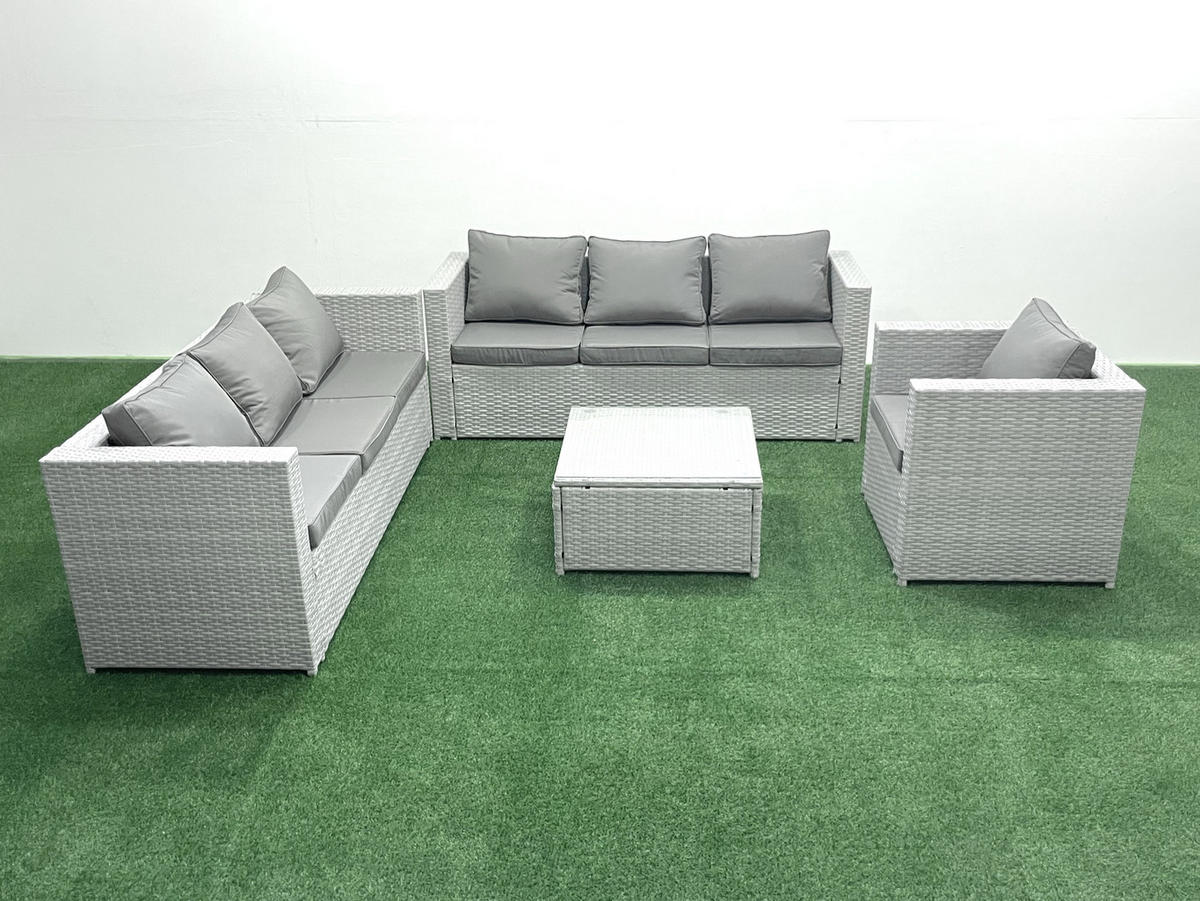GARTENMÖBEL-SET mit Kissen Polyrattan Hellgrau-Mix 7-Sitzer - Hellgrau/Grau, Glas/Kunststoff - Fimous