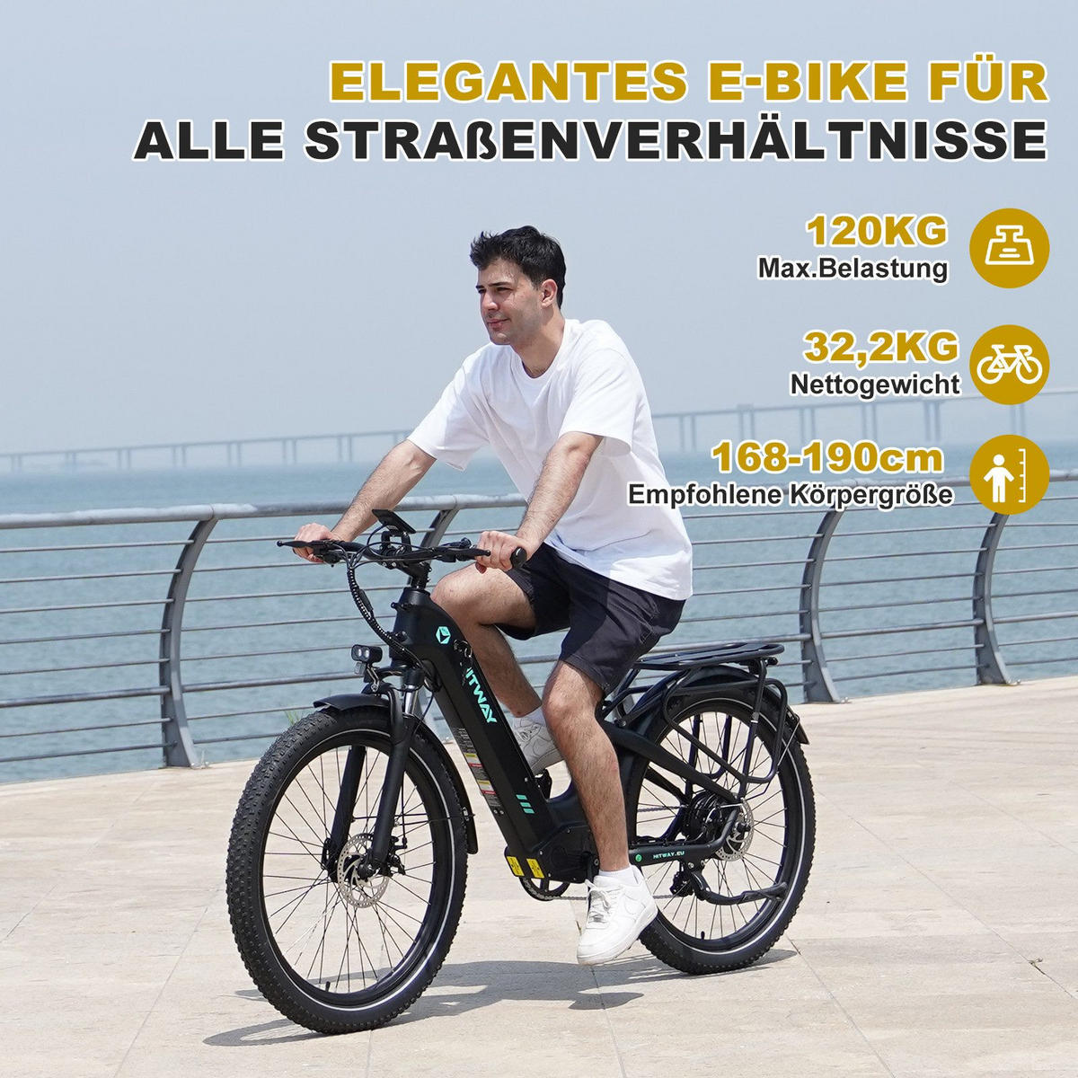 E-BIKE Cityrad BK16 Pedelec 26 *3,0 Zoll, mit 48V18Ah Akku bis zu 120km - Schwarz, Metall (27cm) - HITWAY