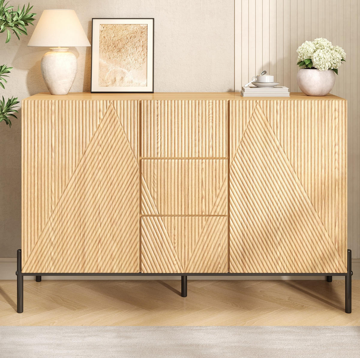 KOMODA od MDF-a 115,5x40x76 cm prirodna s dvokrilnim vratima, 3 ladice i geometrijskim frontama - prirodne boje, drvni materijal (115.5/76/40cm) - Modfu