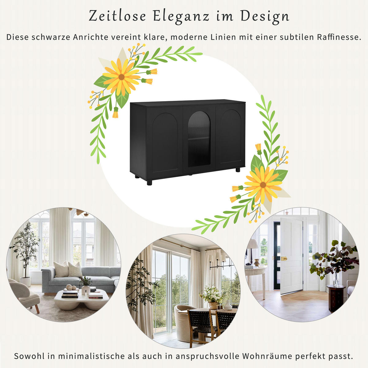 SIDEBOARD 120 cm Schwarz MDF mit Glastür, Push-to-Open und verstellbaren Regalen - Schwarz, Holzwerkstoff (120/78.5/40cm) - Urban Meuble