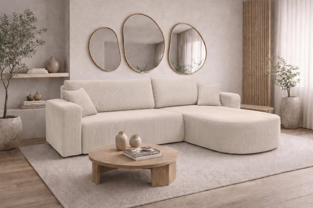ECKSOFA Mit Schlaffunktion, Cordstoff Poso, Beige, Rechts, ROUND ONE XL - Creme, Holz (271/175cm) - Kaiser Möbel