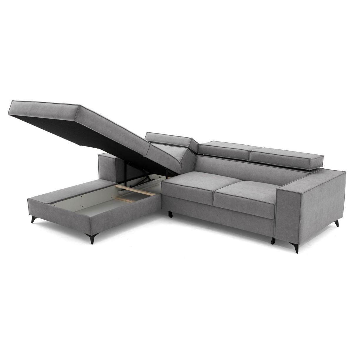 ECKSOFA PURE S Links mit Schlaffunktion 127x215 Velours Hellgrau - Hellgrau/Schwarz, Holz/Textil (281/204cm) - Muffo