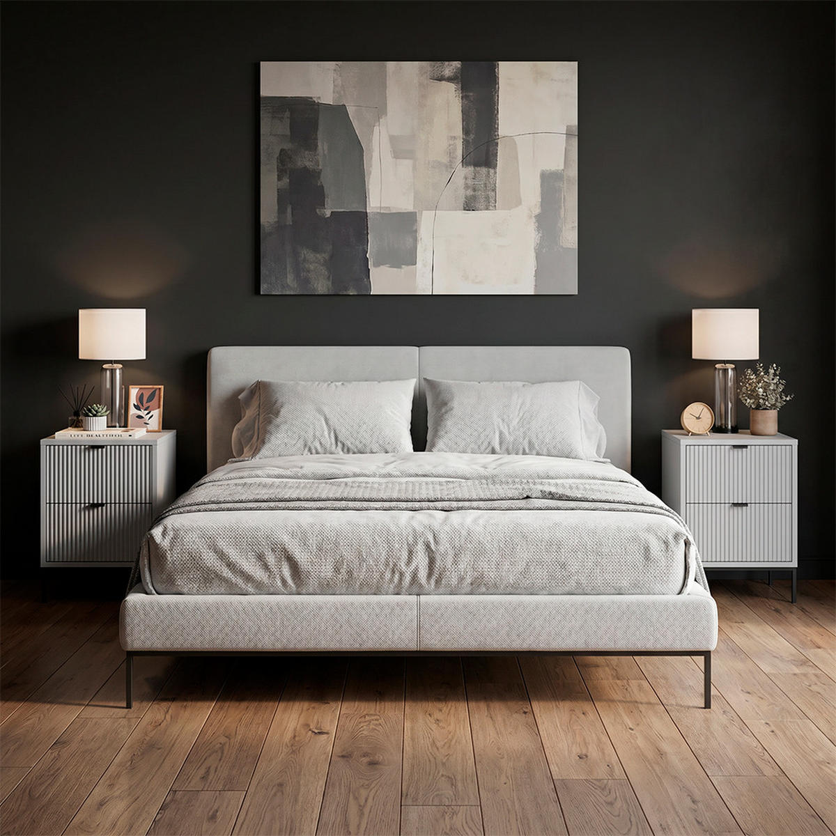 NACHTTISCH Eliza, Grau/Schwarz, 40 x 55.4 cm mit 2 Schubladen - Schwarz/Grau, Holzwerkstoff (40/55.4/38.1cm) - Vicco