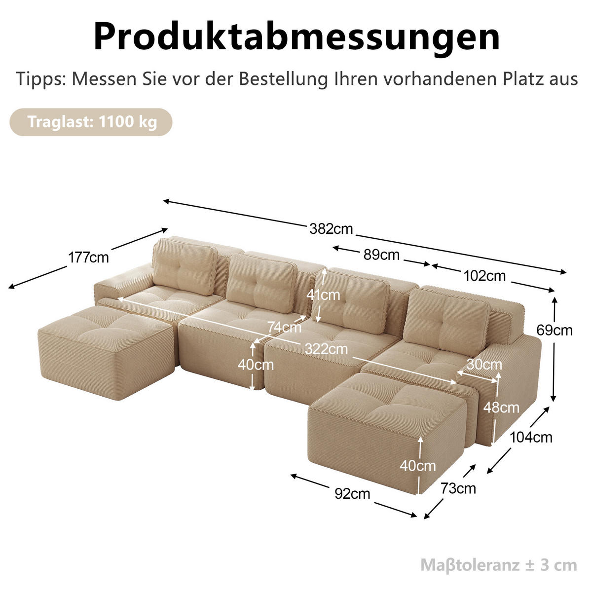 WOHNLANDSCHAFT 382/177/69 cm in Beige aus Cord mit Tiefsitz und modularer Form - Beige, Textil (177/69/382cm) - Flora Grace