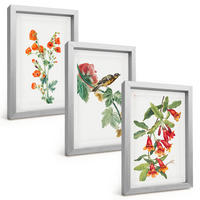 BILDER SET 3er Set - 20x30 cm Silberner Rahmen - Gemalte Blumen und ein Vogel - Silberfarben, Kunststoff (20/30cm) - TULUP