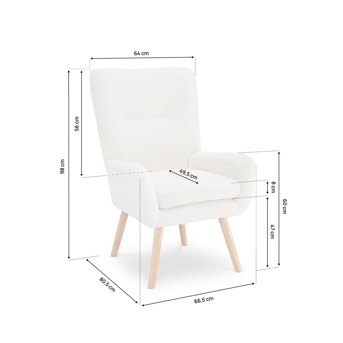 SESSEL Gaïa Moderner skandinavischer aus weißem Frotteestoff - Weiß/Akaziefarben, Holz/Textil (66.5/98/80.5cm) - Sicaan
