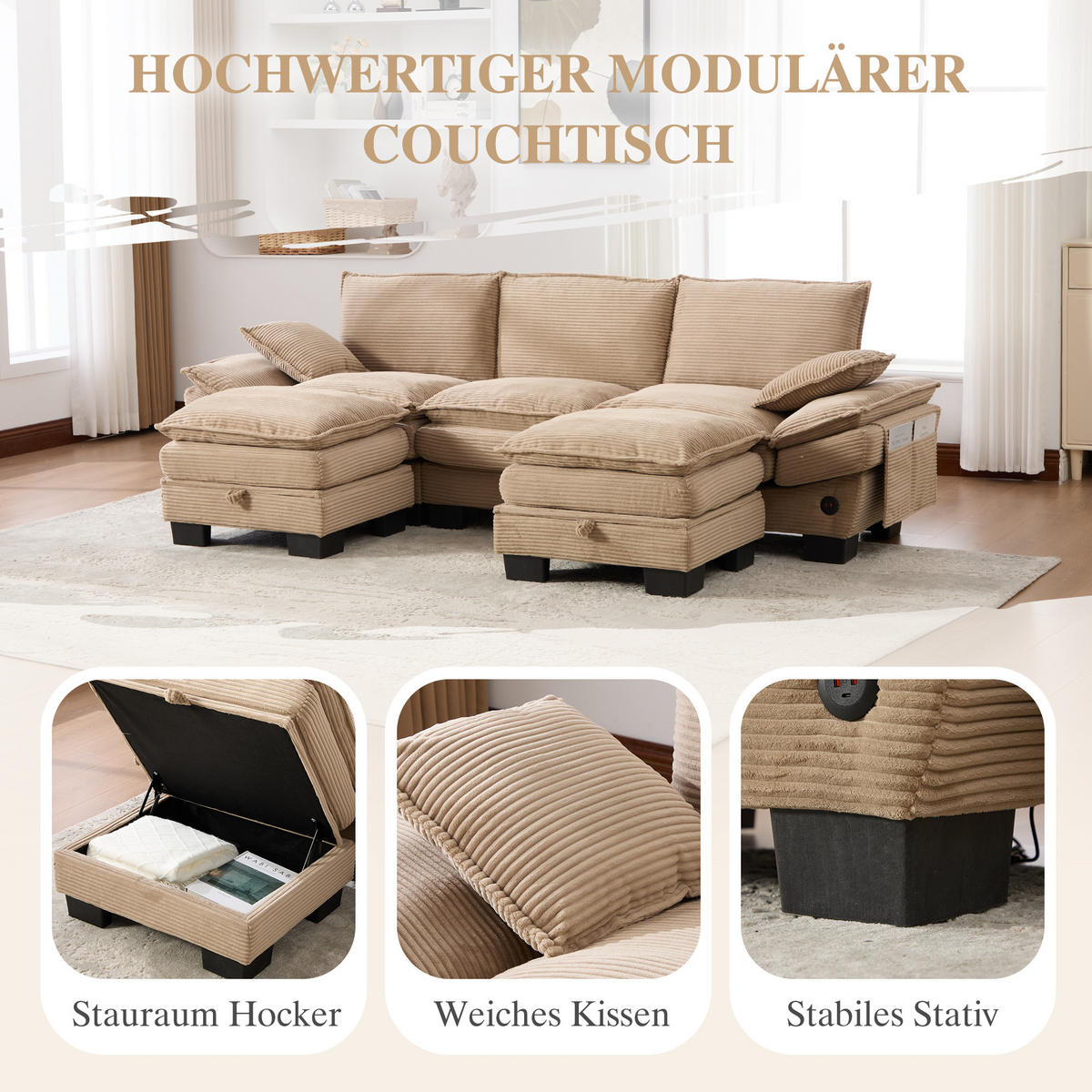 WOHNLANDSCHAFT Cord Khaki mit USB-C, Seitentaschen und 2 Hockern - Hellbraun, Holzwerkstoff/Kunststoff (260/84/132cm) - WISHDOR