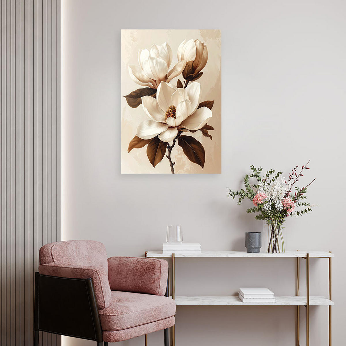 WANDBILD, Weiße Magnolie mit braunen Blättern auf hellem Hintergrund - Beige, Textil (80/120cm) - Feeby