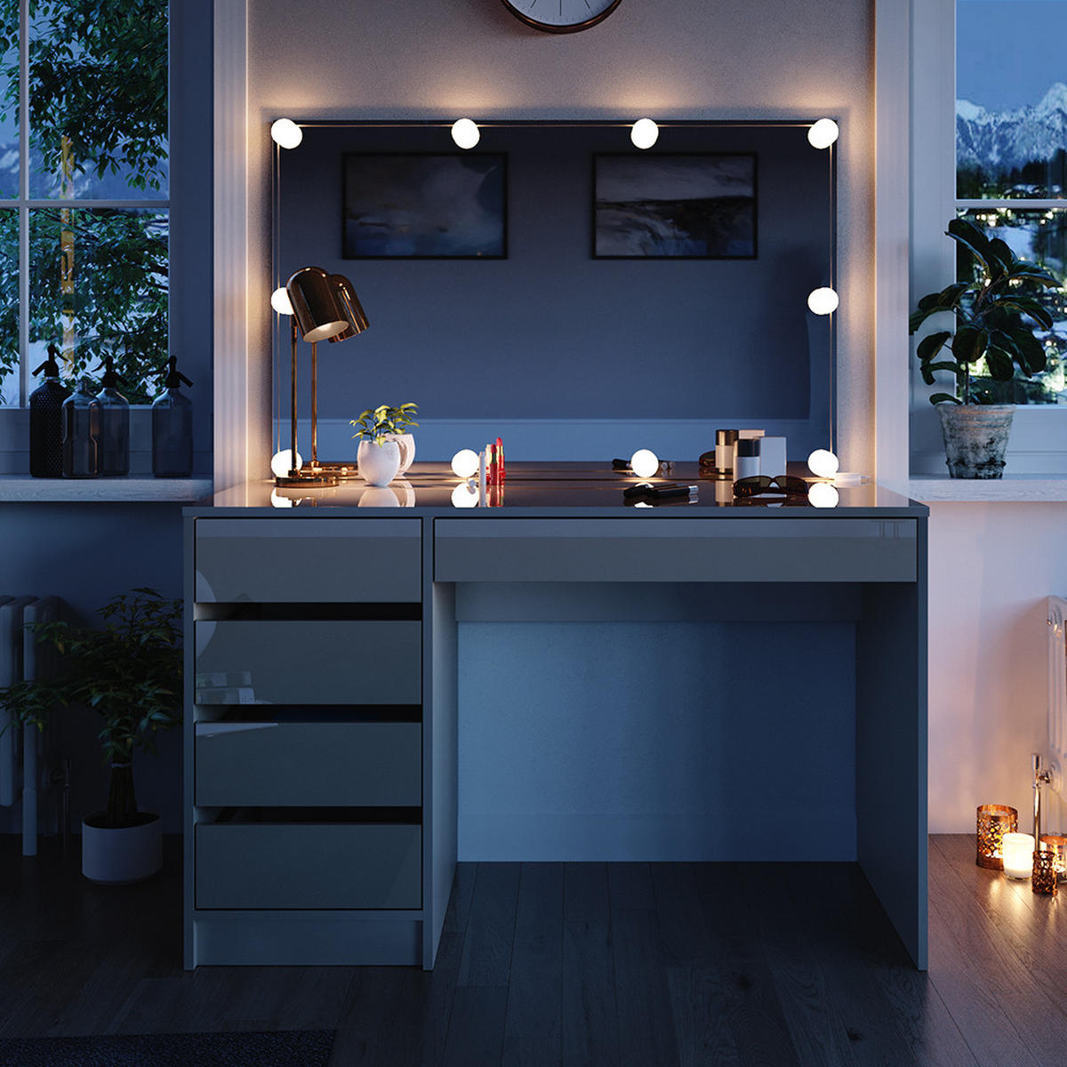 SCHMINKTISCH Sherry Greige 120 cm mit LED-Kette - Greige, Holzwerkstoff (120/75/55cm) - Vicco