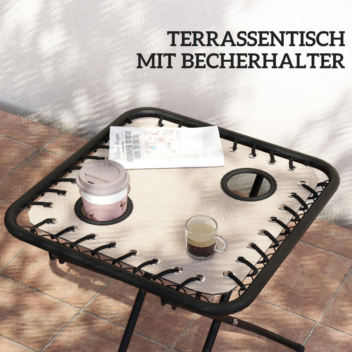 GARTENSET aus Metall 90x65x110 cm Beige klappbar mit Beistelltisch, Kopfkissen und 5-fach verstellbarer Rückenlehne - Beige, Metall - Modfu