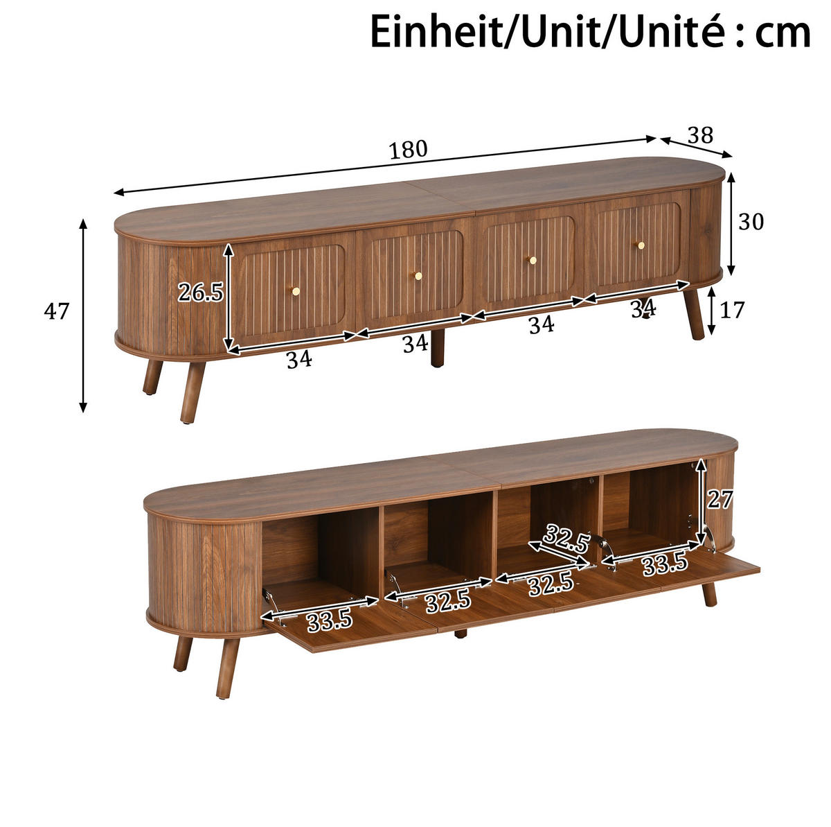 LOWBOARD 180/38/47 cm aus MDF und Holzwerkstoff mit 4 Klapptüren Nussbaum - Braun, Holzwerkstoff (180/47/38cm) - Modenvie