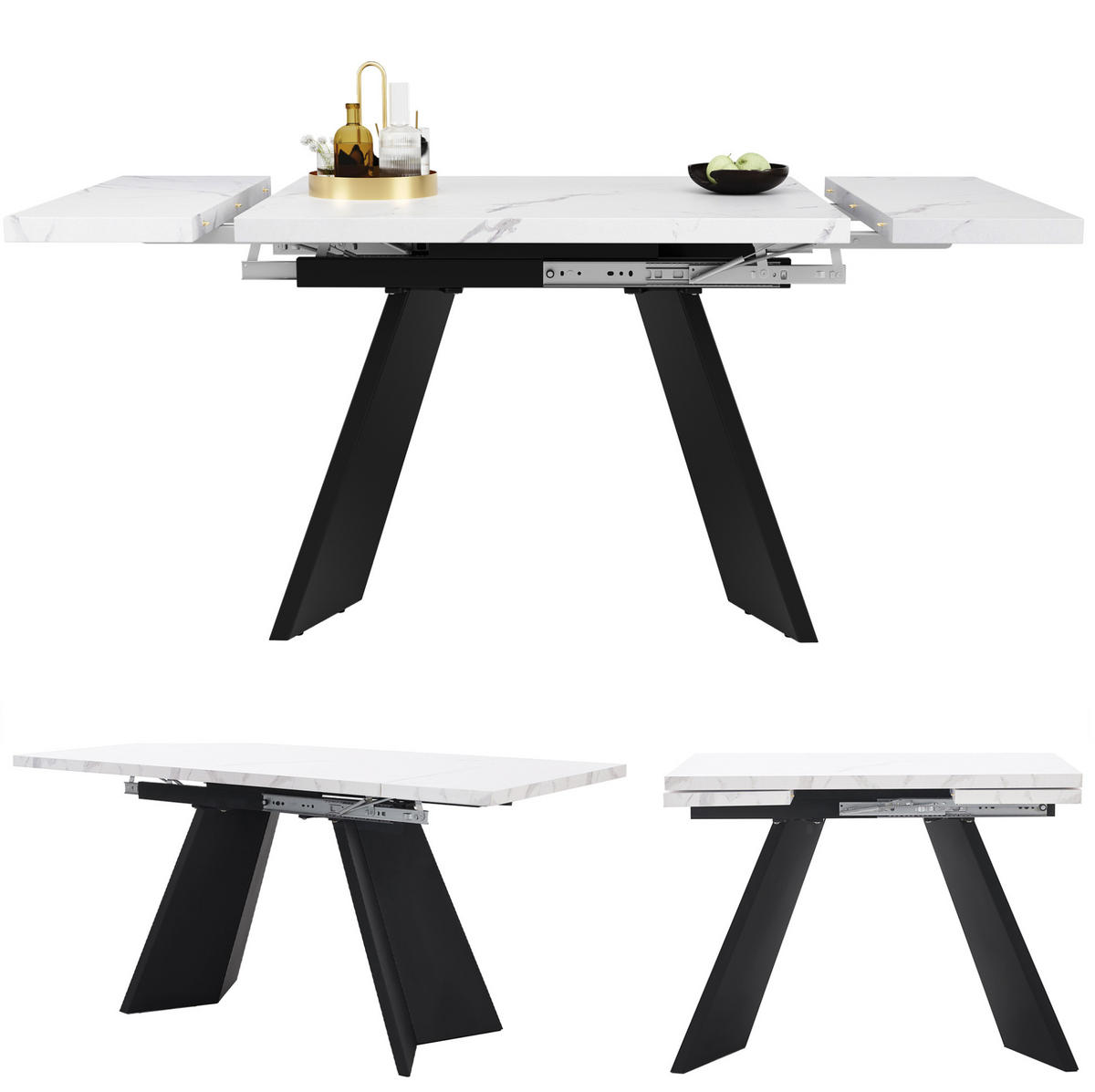 JEDÁLENSKÝ stôl 99-159/74/77 cm MDF/kov biely/čierny, rozkladací - biela, kompozitné drevo (159/74/77cm) - BEAOK